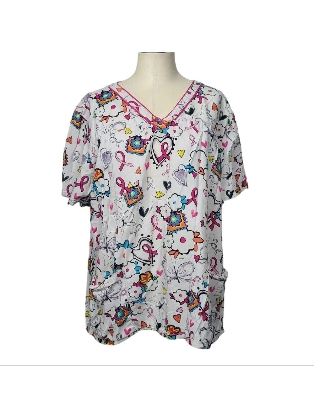 Dickies Floral Heart Breast Cancer Ribbon Colorful V Neck Scrub 2XL